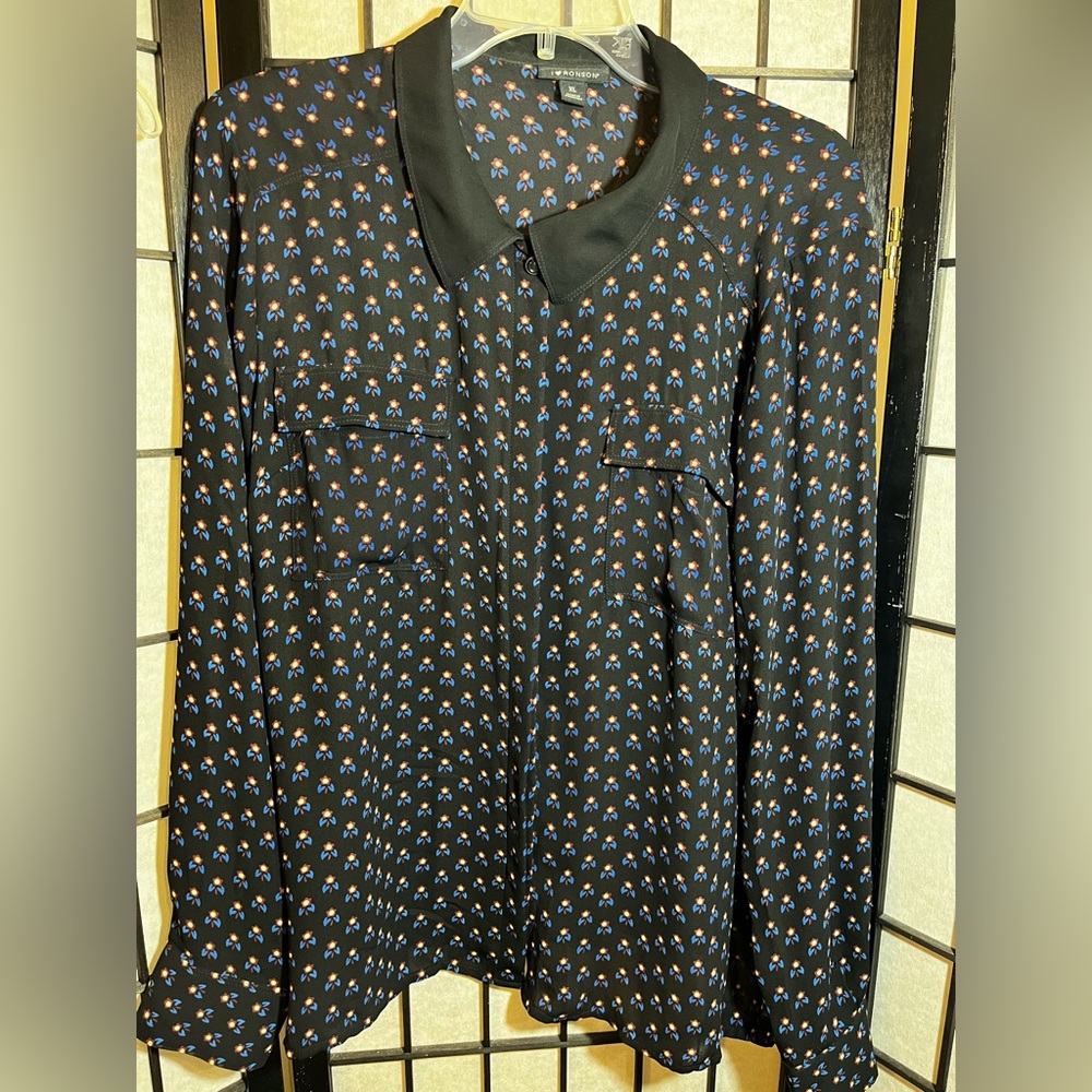 I Love Ronson Semi-Sheer Black Blue Floral Print Button Career Top SZ XL